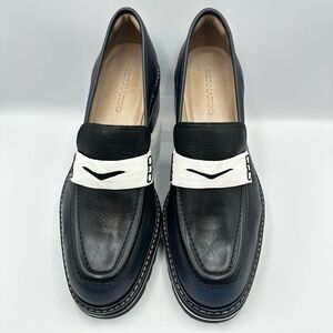 Bernardo Selma Loafer Navy White Penny Leather Block Heel Womens 8.5M Lug Sole
